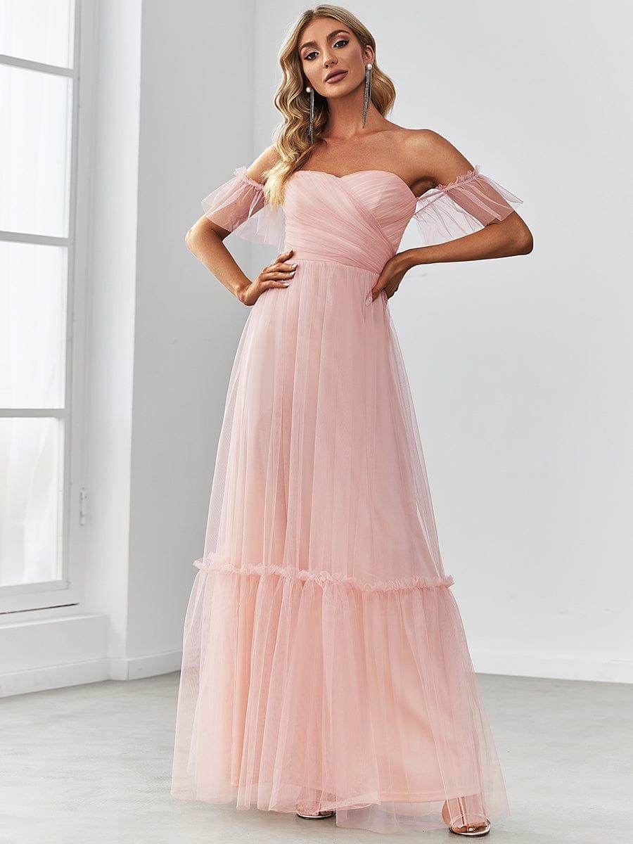 Off the Shoulder Sweetheart Pleated Tulle Dress In Pink - Biamonde